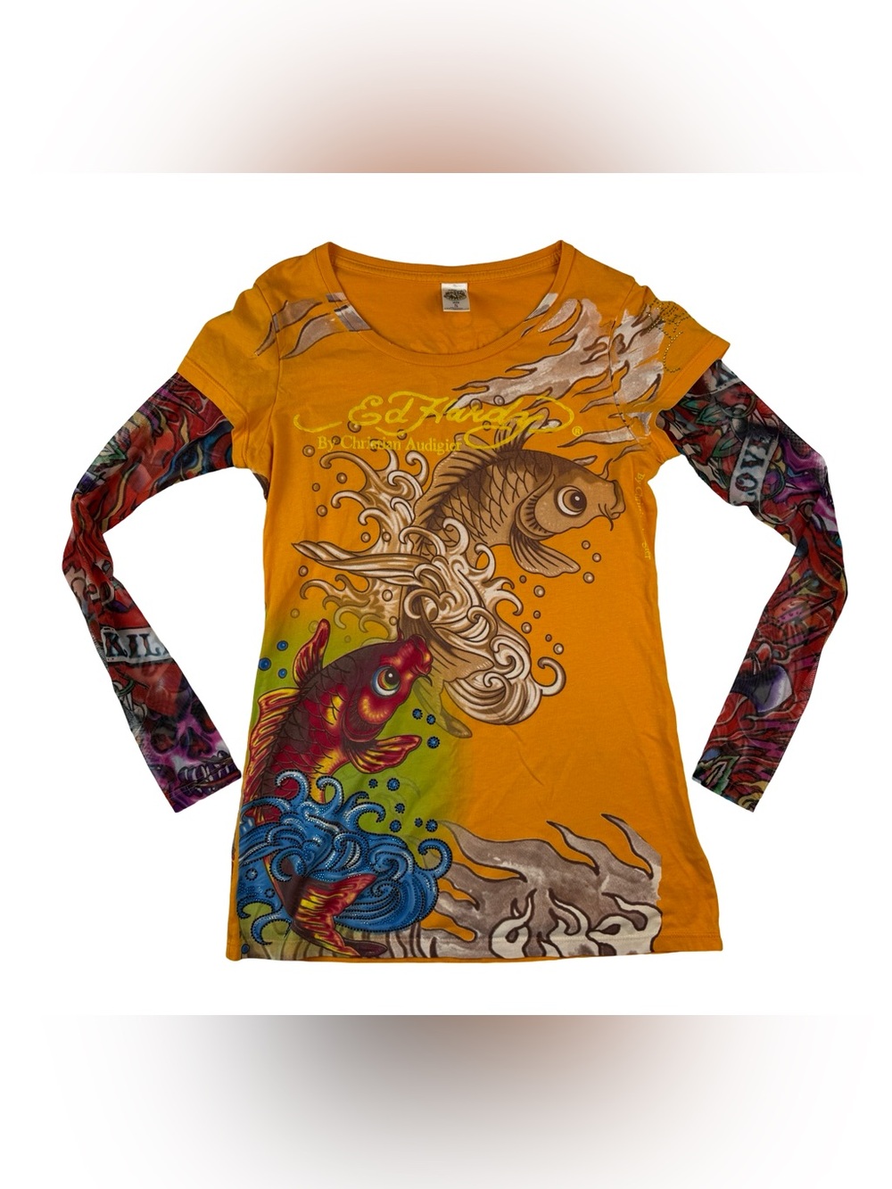ED HARDY TATTOO SHEER MESH SLEEVE~KOI FISH~YELLOW COTTON SHIRT TOP USA Small